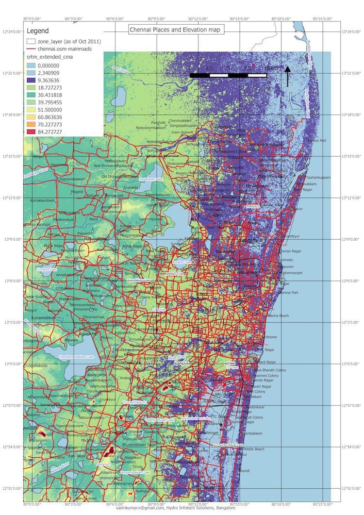 mapa powodzi w Chennai
