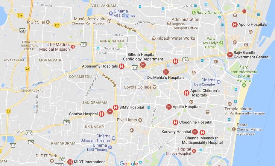 mapa Chennai szpitala